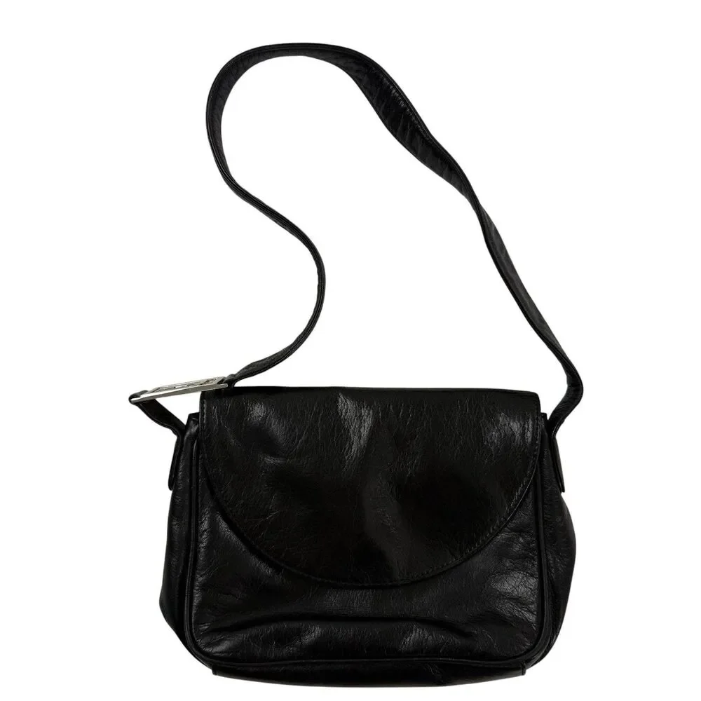 Ralph Lauren Black Leather Shoulder Bag Purse Silver LOGO Strap